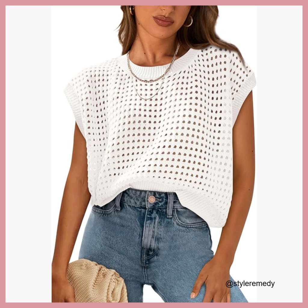 Crochet Cap Sleeve Pullover Sweater, 100% Cotton, Bohemian Hollow Out Top